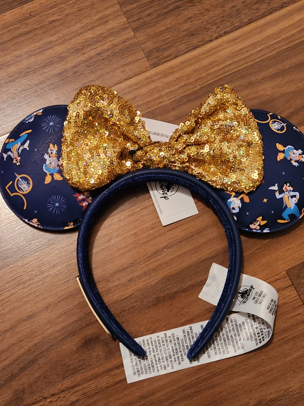 Loungefly Navy Disney 50th Minnie Ear Headband with Gold Sequin Bow
